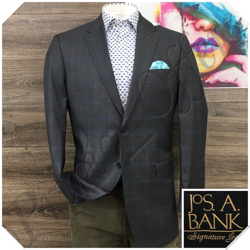 New Jos A Bank Mens‎ Blazer Sport Coat 2 Button Casual Jacket Size 42L Wool Suit